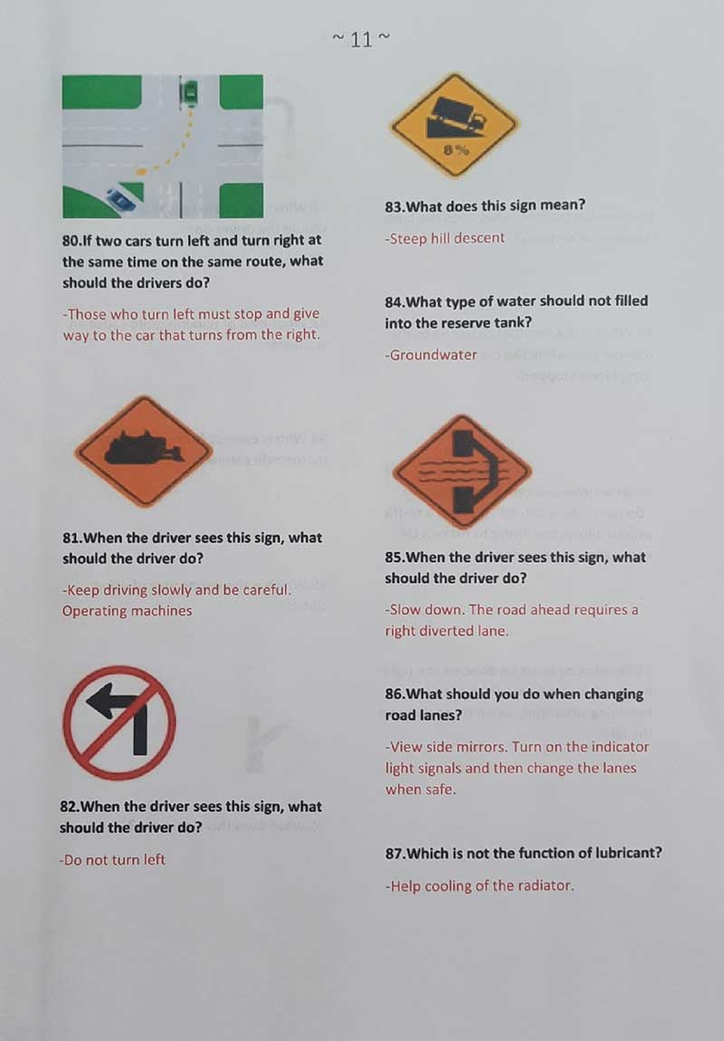 Правильные ответы на экзамене по сдаче на водительские права в Таиланде в 2022 году, страница 11