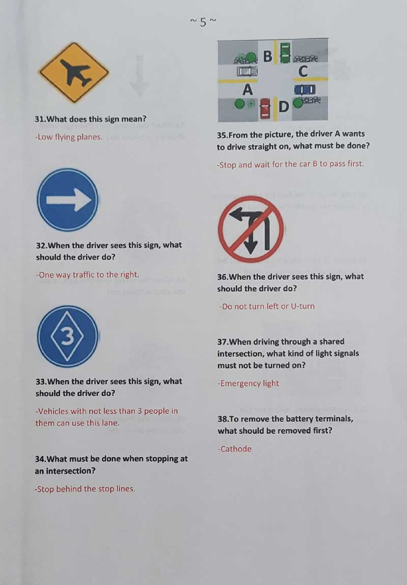 Правильные ответы на экзамене по сдаче на водительские права в Таиланде в 2022 году, страница 5